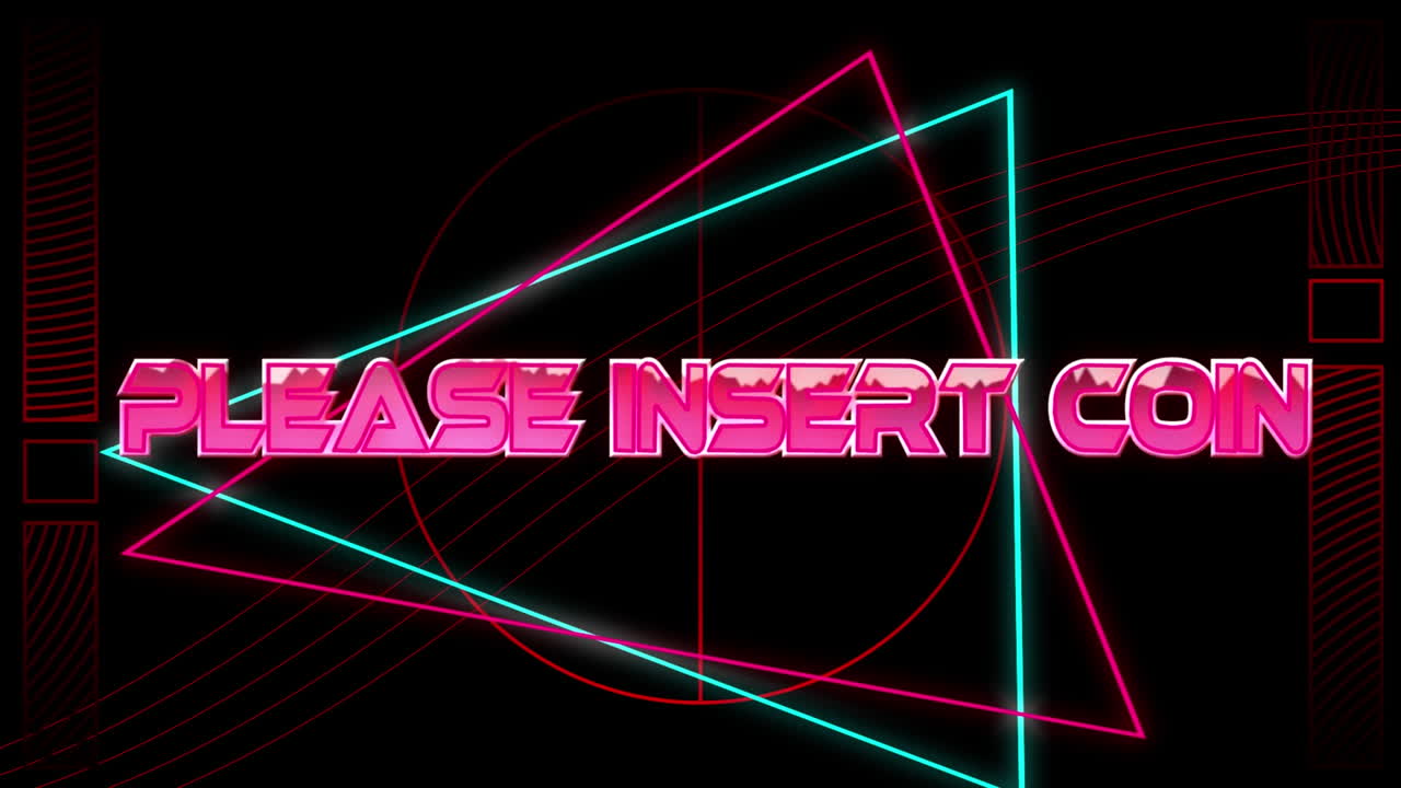 Animation of please insert coin text over neon shapes on black background