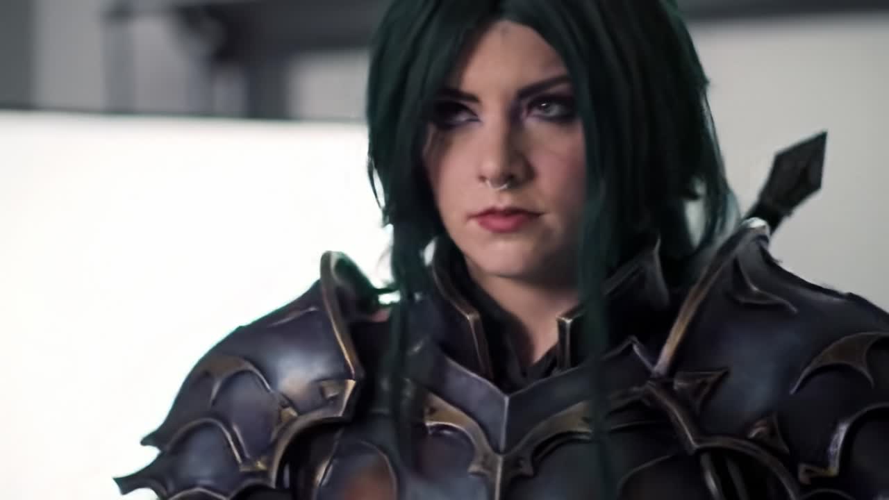 A Warrior's Resolve: Captivating Transformation into a Fearless Character with Intricate Armor and Striking Features Showcased in Two Dynamic Frames