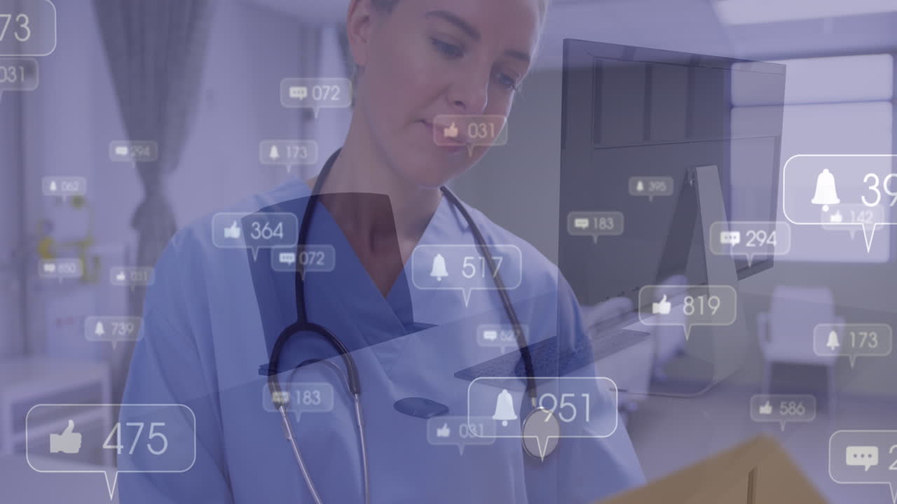 animación de iconos de las redes sociales sobre una doctora caucásica leyendo informes en el hospital