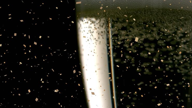 Animazione di coriandoli che cadono e bollicine che salgono in un bicchiere di champagne su sfondo nero.