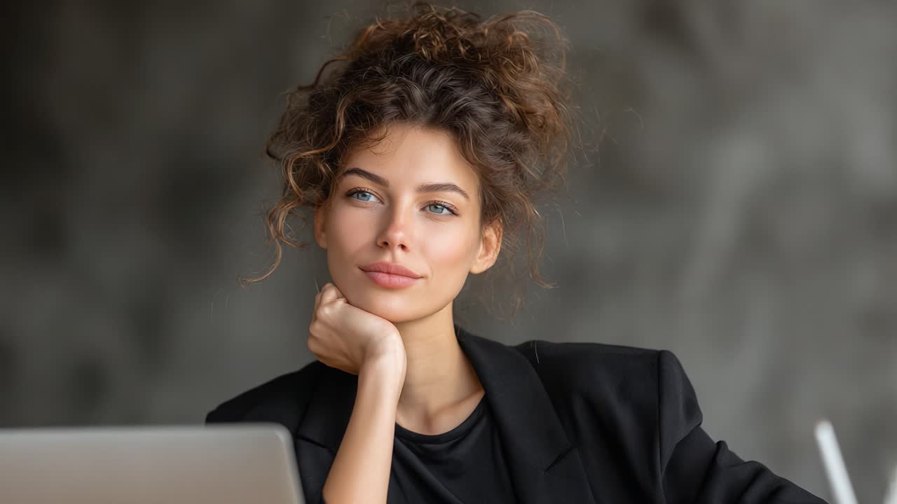 Una giovane donna pensierosa con i capelli ricci che riflette mentre usa un laptop, catturando un momento di introspezione e creatività in uno spazio di lavoro minimalista.