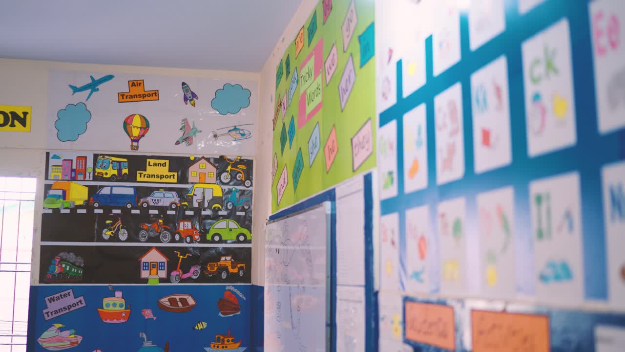 Classroom wall featuring colorful transport charts and children's drawings in a school environment