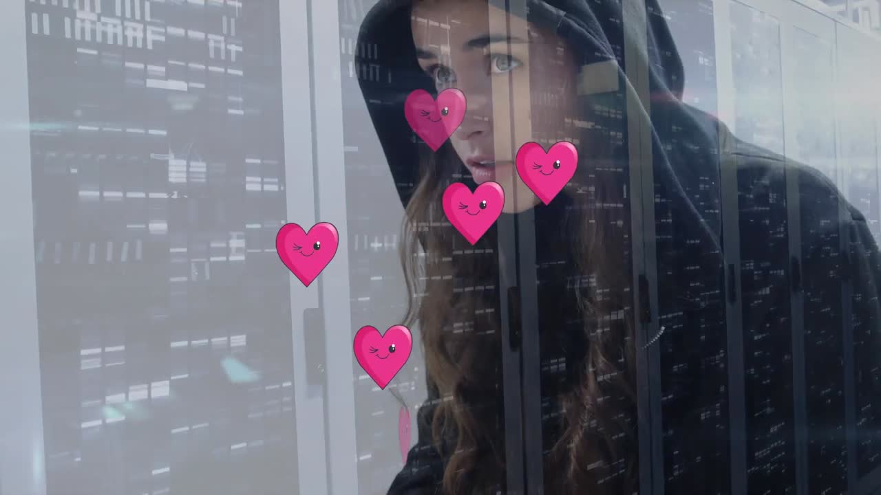 animación de una mujer caucásica hacker y corazones sobre la sala de servidores