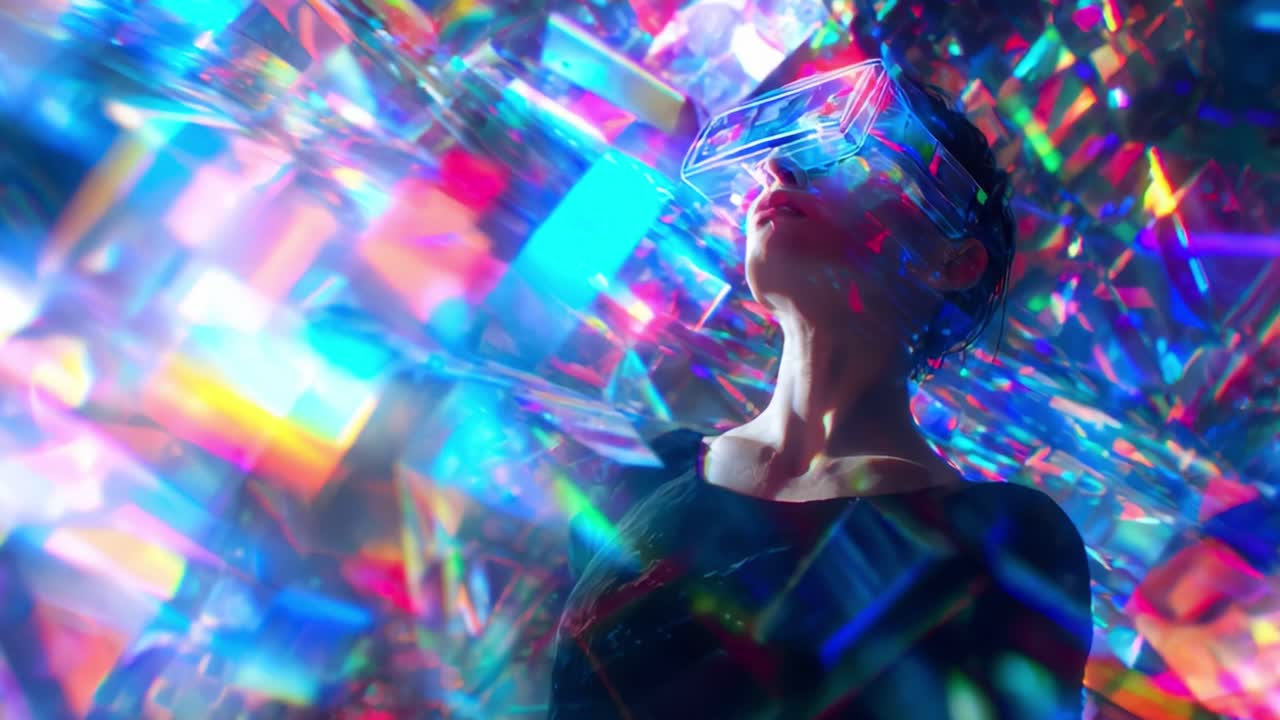 Exploring a Vivid Virtual Realm: A Journey Through Prism-Like Reflections and Digital Illusions with an Individual Wearing Futuristic VR Glasses in an Immersive Experience