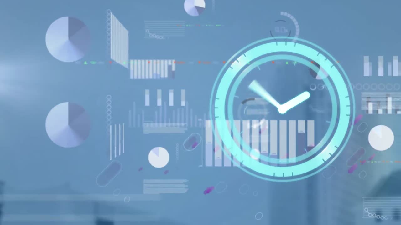 animación del reloj moviéndose rápido sobre estadísticas y procesamiento de datos