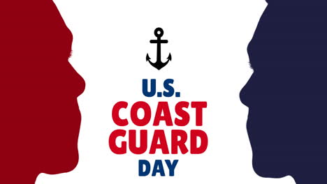 animation of national coast guard day over contrast faces and anchor on white background