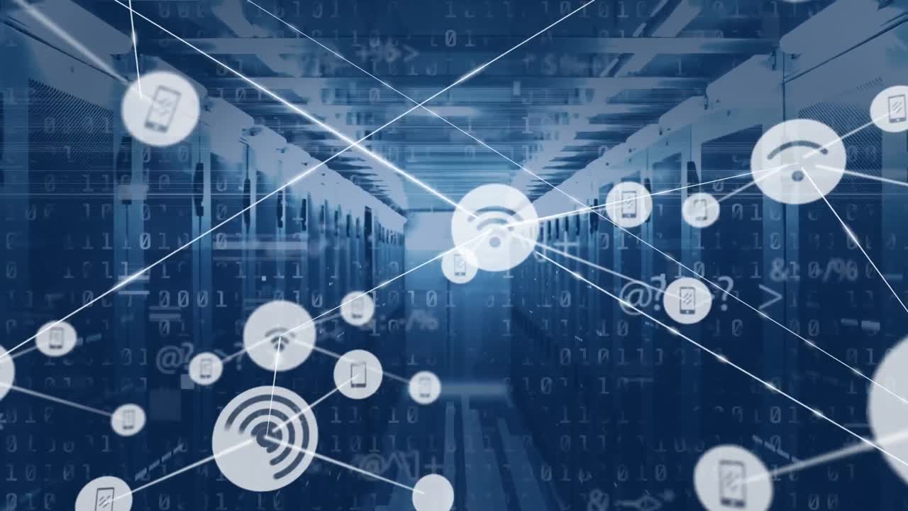 Animation of network of digital icons and binary coding against computer server room