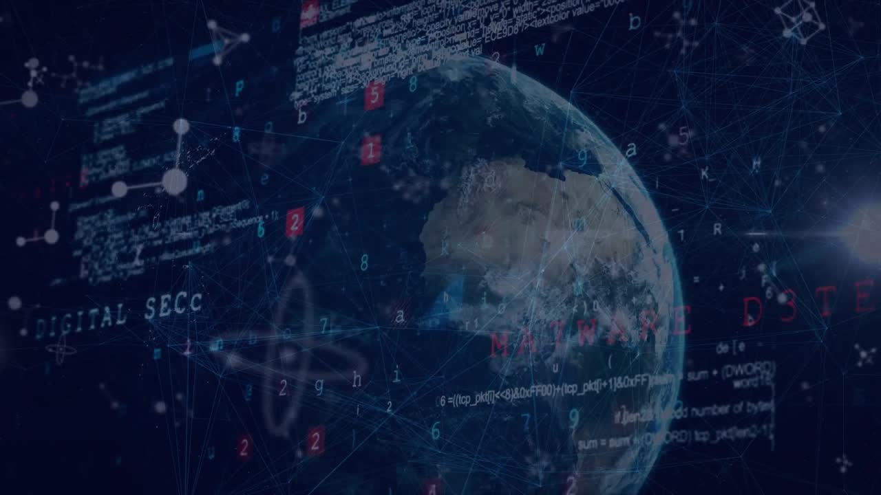 Animation of globe over data processing on blue background