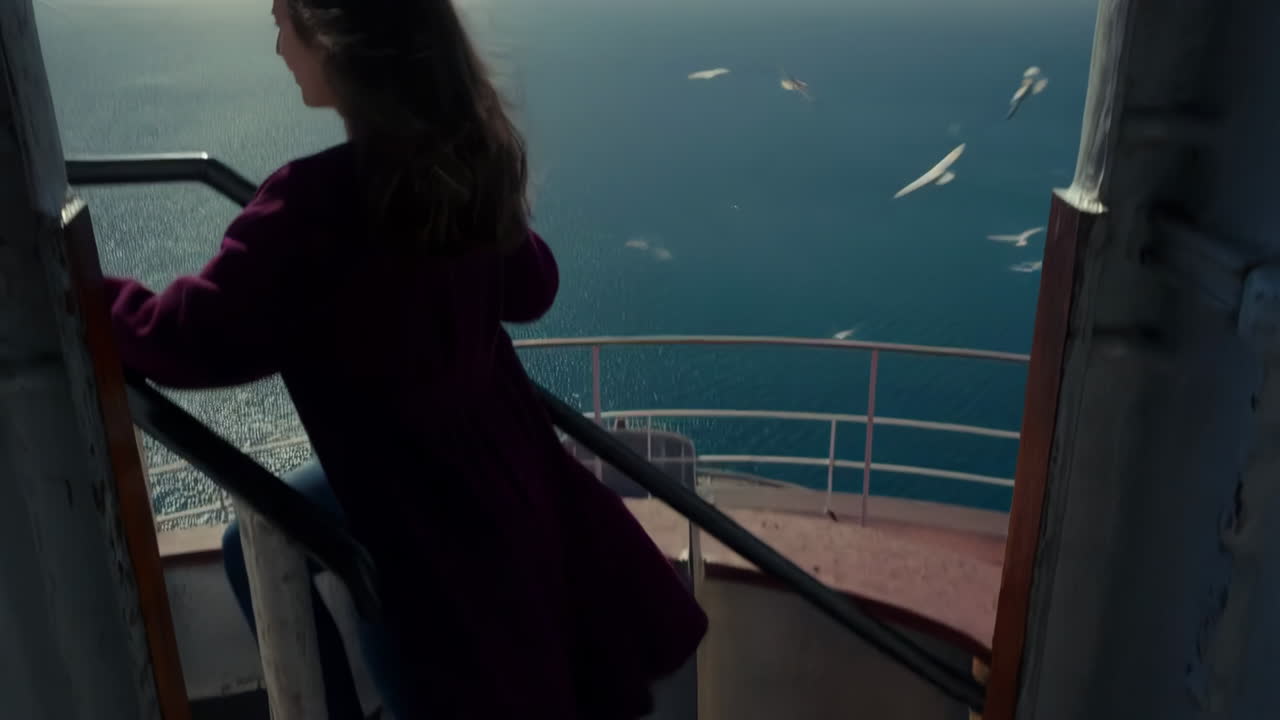 Woman watches seagulls over the vast sea from a high structure