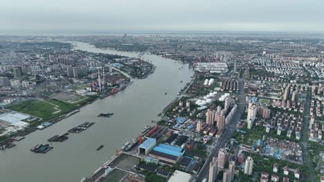 drone aerial view of industrial area with oil tank and factories