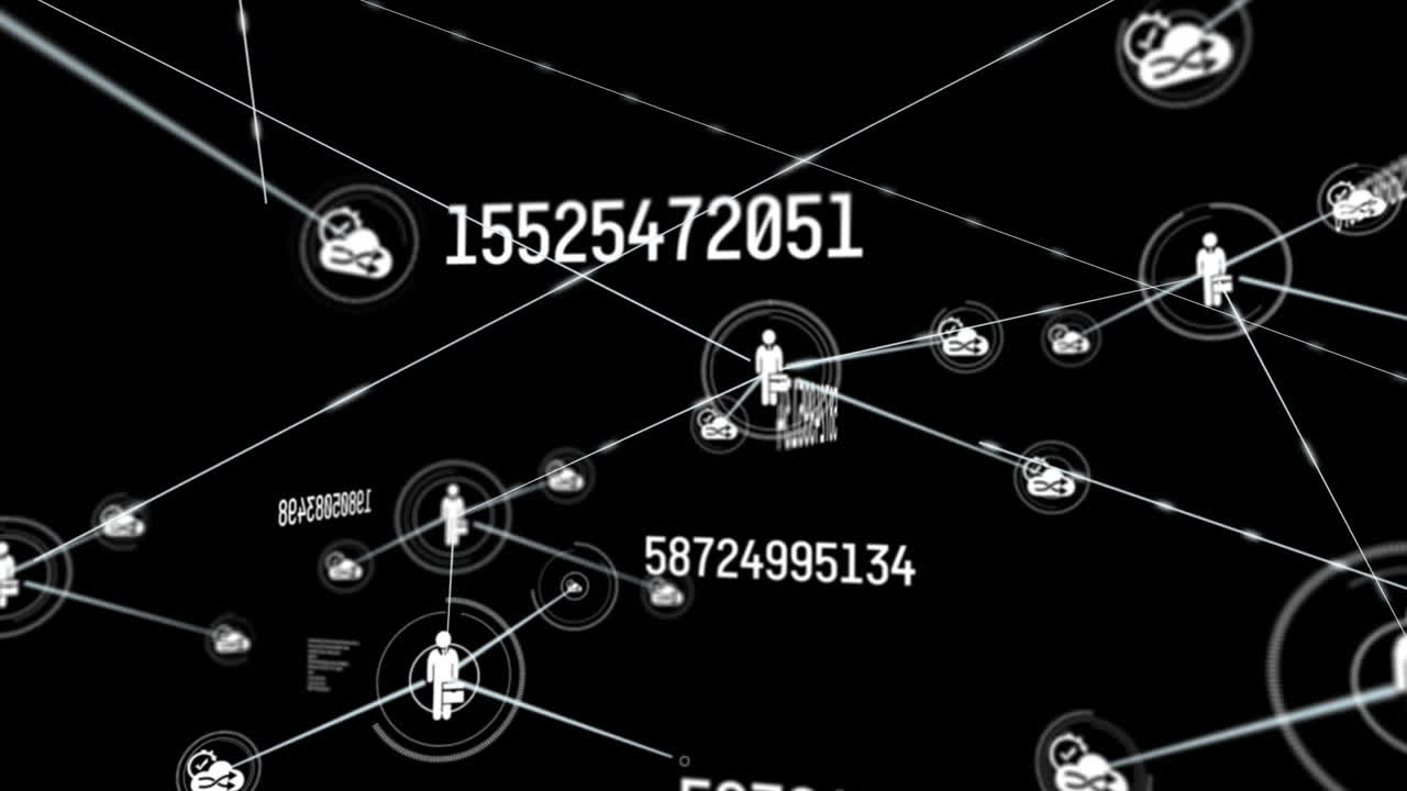 검은색 배경 위에 아이콘과 숫자를 가진 연결 네트워크의 애니메이션