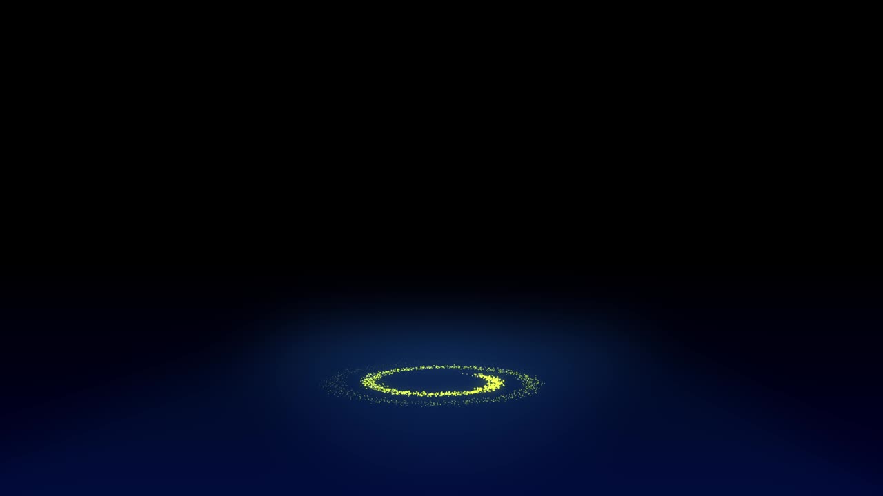Animation about glowing particles. The red, orange, and yellow particles form a rotating circle and gradually spread outward on the ground. The background is black.