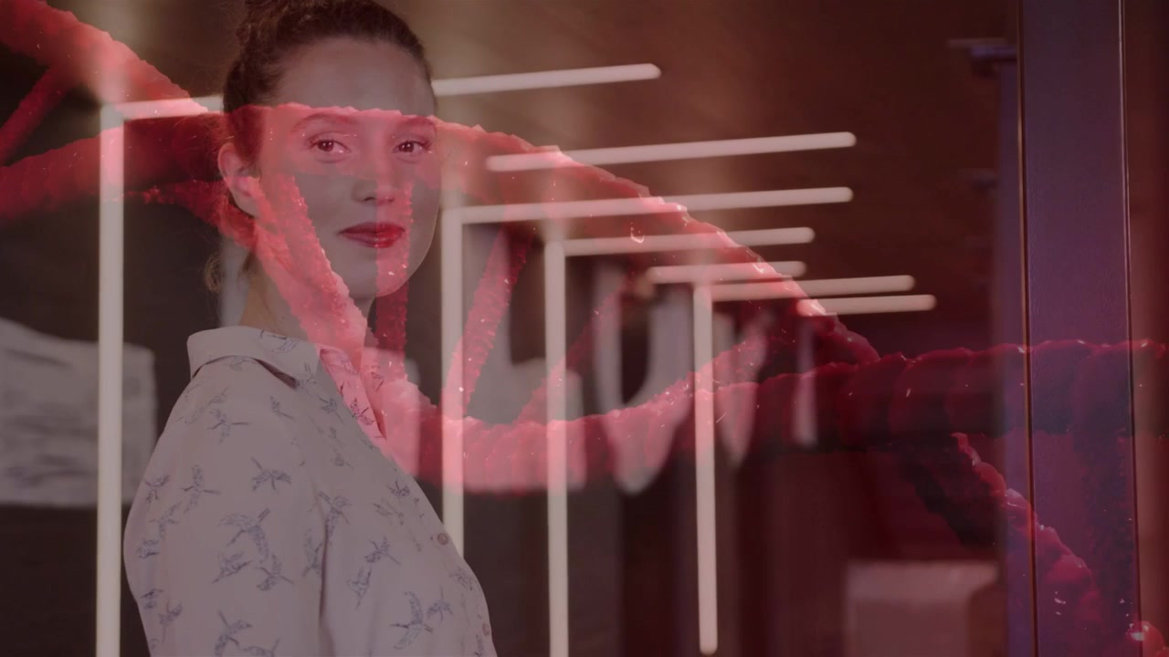 Health presenter woman turning toward camera after red DNA helix overlay appearing, greeting camera