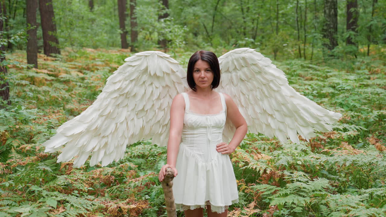 Confident woman dressed as forest goddess with white angel wings stands in lush greenery, hand on waist, gripping wooden staff, conveying strength, power, mystery, and ethereal presence in nature