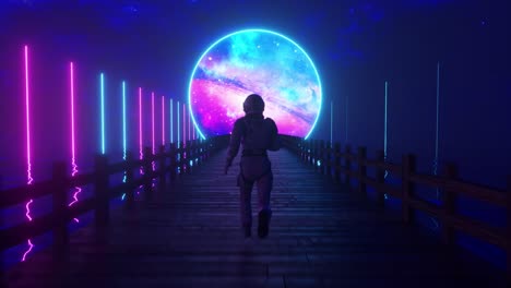 el astronauta corre a lo largo del interminable puente de madera a través del océano a su sueño. círculo espacial con iluminación de neón delante. animación 3d de bucle sin costuras