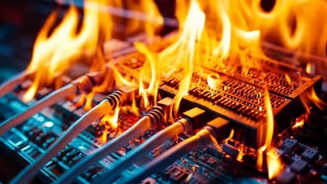 a computer motherboard on fire with ethernet cables on it