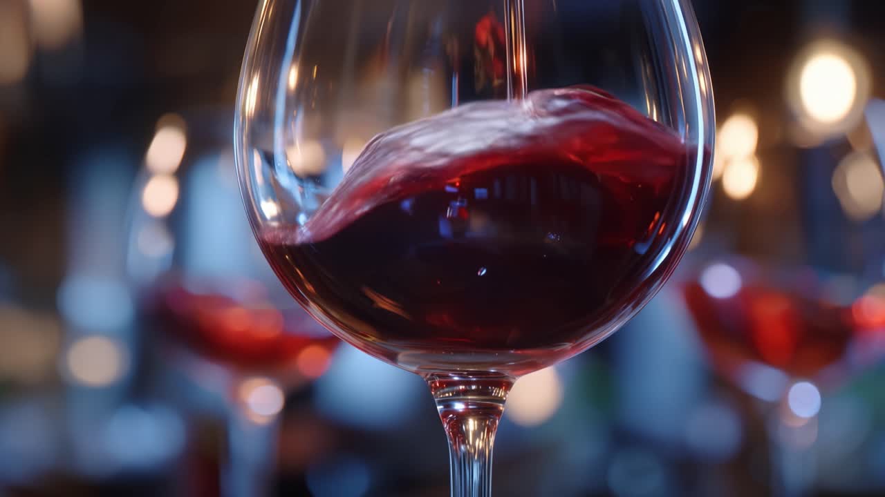 Vino rosso si versa in un bicchiere, creando delicate increspature. La luce brilla delicatamente sullo sfondo. Il bicchiere si erge alto, elegante e invitante. L'atmosfera suggerisce raffinatezza e un sereno piacere