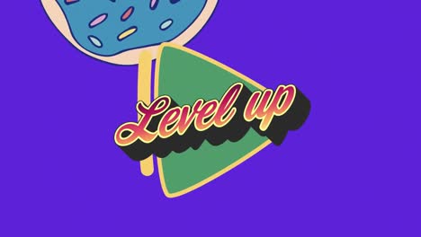 Animation-of-level-up-text-over-colorful-graphics-and-shapes