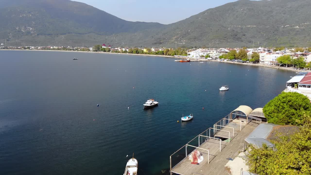 Aerial downward flight through captivating coastal view, Turkey