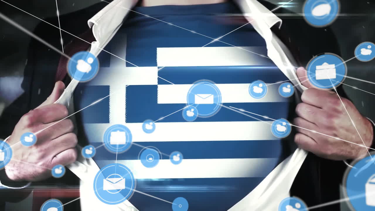 그리스의 발을 가진 사람 위에 아이콘과 연결 네트워크의 애니메이션