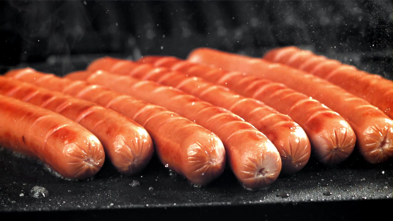 Salsichas Chiando e Soltando Vapor em uma Grelha Quente