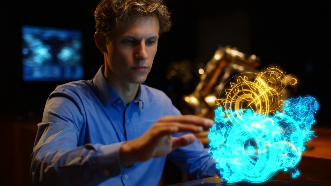 A young man interacts with a stunning holographic display showcasing intricate designs and vibrant colors, illustrating the seamless blend of technology, creativity, and future innovations in a modern digital workspace