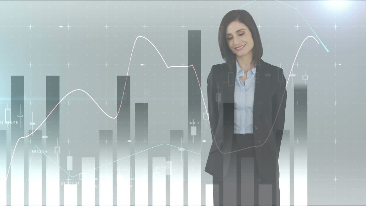 Caucasian professional woman standing, looking at digital graphs
