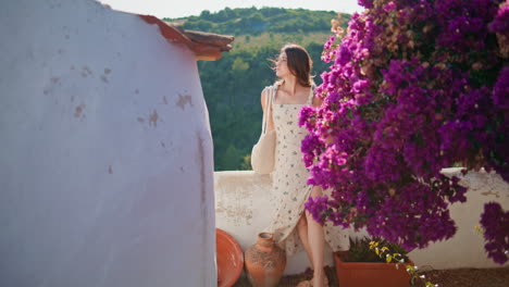 romantic woman contemplating mountains view. calm lady enjoying peaceful nature