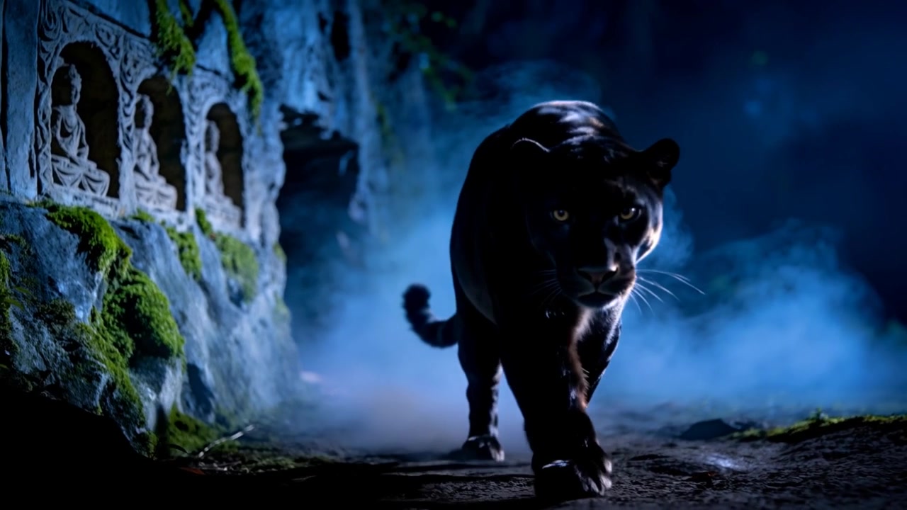 Anfangssequenz: Ein schwarzer Panther pirscht sich auf einem schmalen Felsenpfad vorwärts, der Moosnischen zeigt.