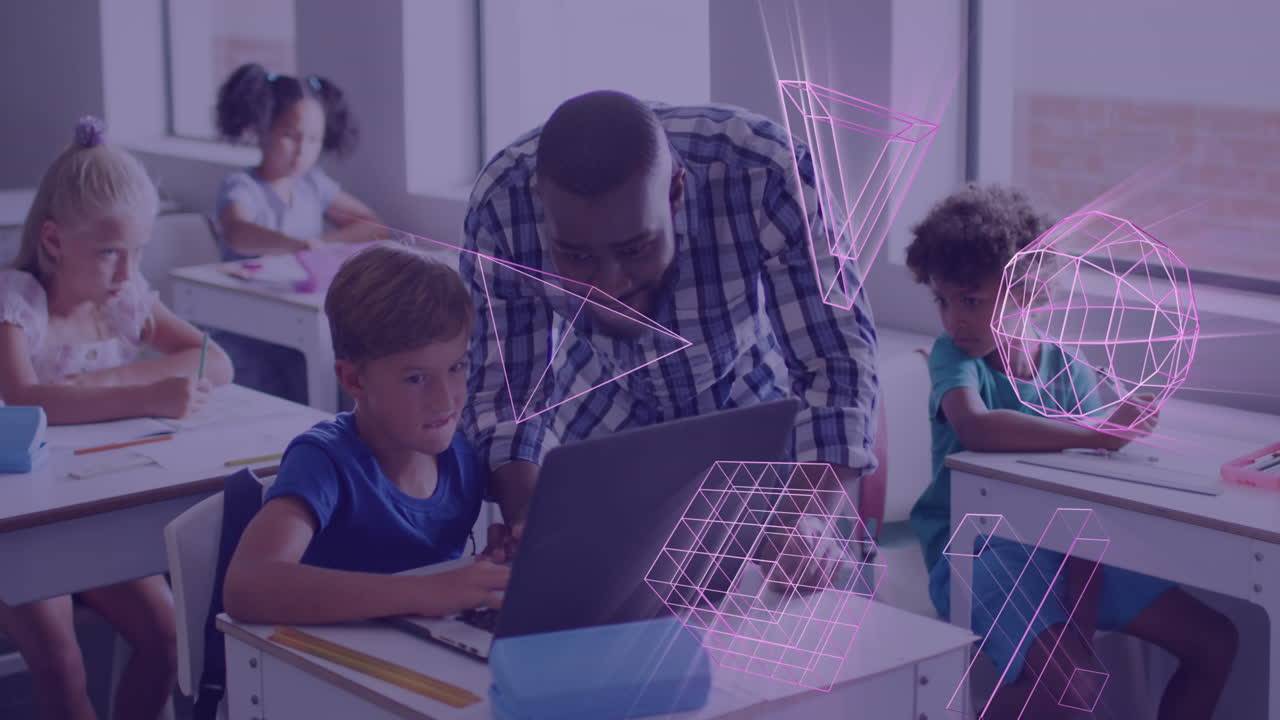 animación de formas 3d sobre feliz afroamericano maestro masculino y escolar usando portátil