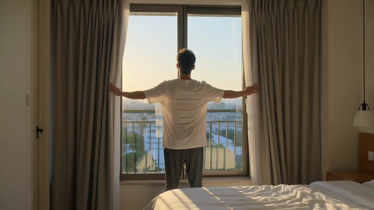 Aprendo le tende, un uomo in maglietta bianca e pantaloni scuri, stimolato dalla luce del sole, lascia che la luce calda riempia la camera da letto.