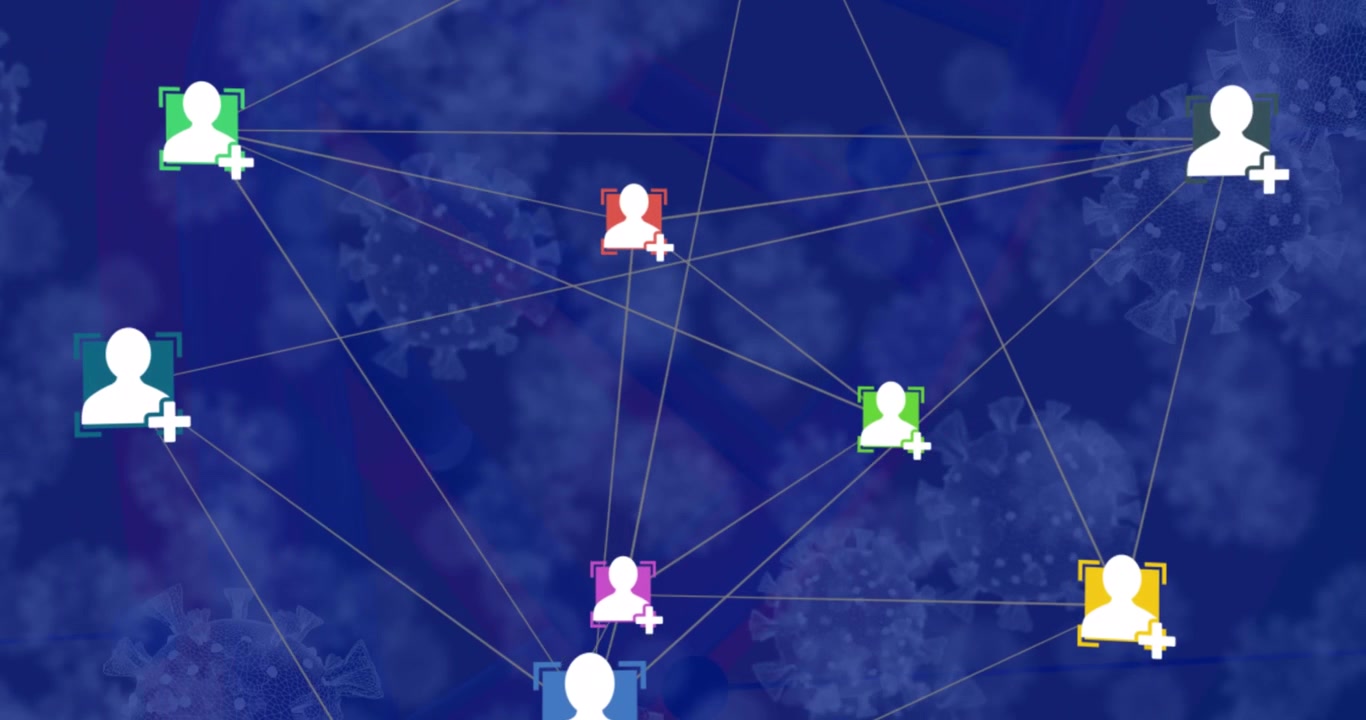 Animazione di una rete di connessioni su sfondo blu con cellule virali.