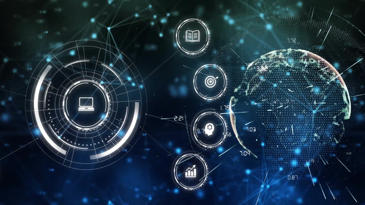 Animation of network of connections with business icons over globe