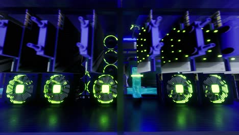3d animation of mining equipment on stand racks mine cryptocurrency in steel container. blockchain technology application specific integrated circuit datacenter. server room lights.