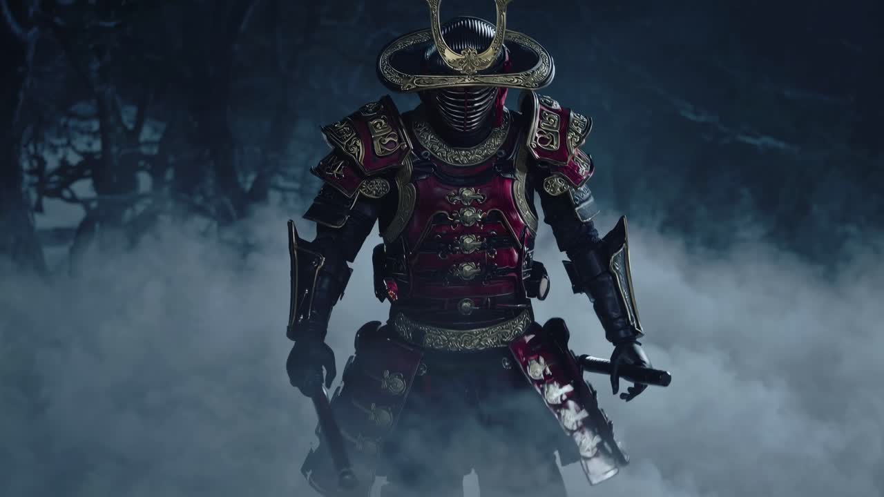 A dramatic low-angle shot of a samurai in ornate armor, emerging from mist in a cinematic style