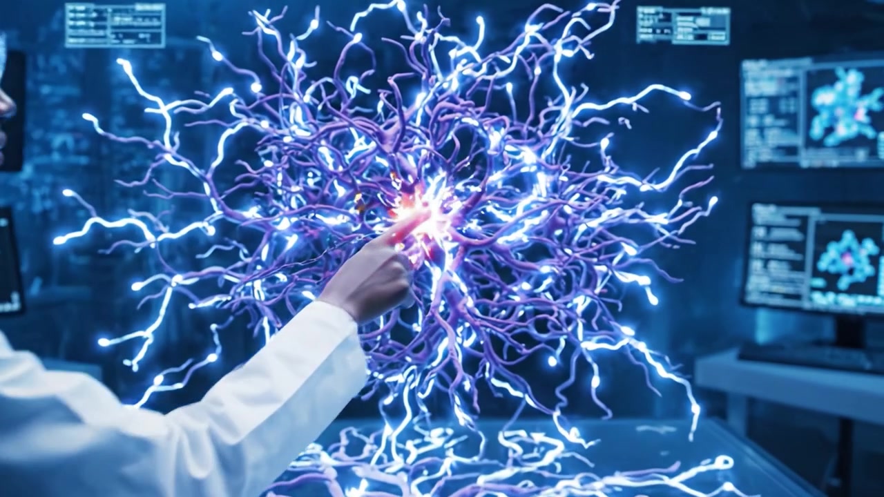 Un'esplorazione visivamente sbalorditiva delle reti neurali, con due scienziati che osservano e analizzano intricate strutture di neuroni luminosi in un ambiente di laboratorio futuristico