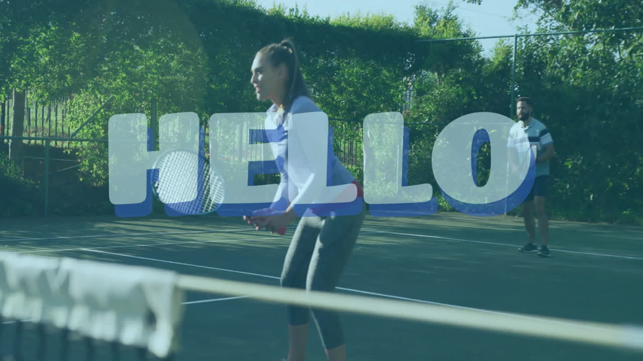 Female tennis partner returning serve with animated sports overlay showing trajectory and speed