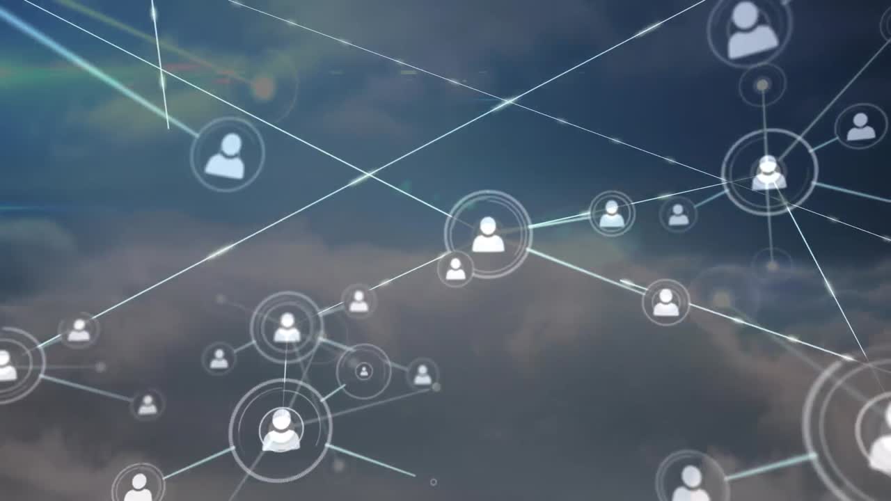 animación de la red de conexiones con iconos sobre nubes