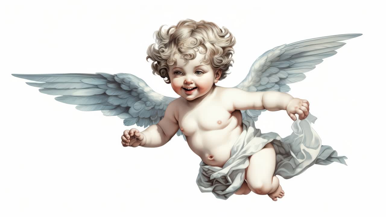 Aerial view of a cherubic angel with wings, captured in a classic, artistic style