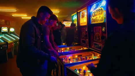 friends playing pinball in a retro arcade