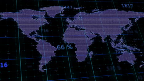 animación de interferencia sobre el procesamiento de datos y mapa del mundo en fondo negro