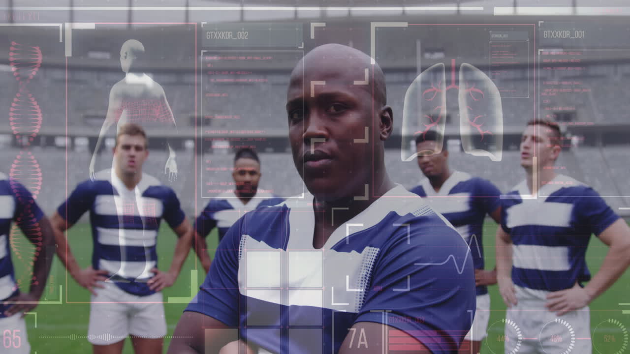 Animation of human body data and statistics over multi-ethnic male rugby team standing on a pitch