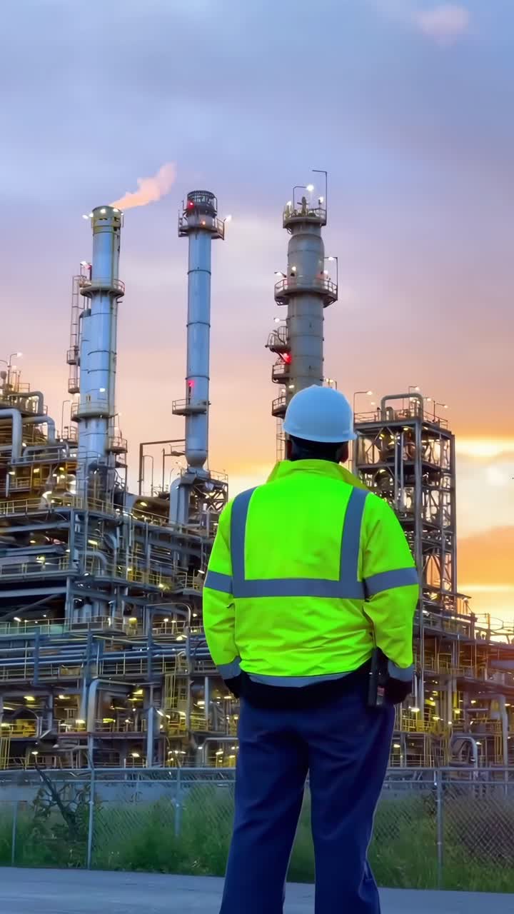 Toma de ángulo bajo de un trabajador con chaleco de seguridad observando una planta industrial al atardecer, estilo video.