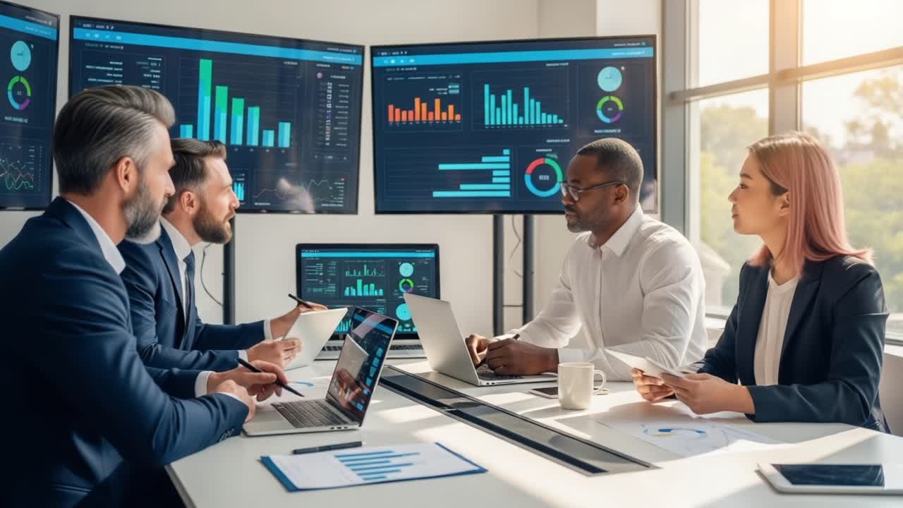A Collaborative Business Meeting: Professionals Engaged in Data Discussion and Analysis in a Modern Conference Room with Graphs and Charts Displayed