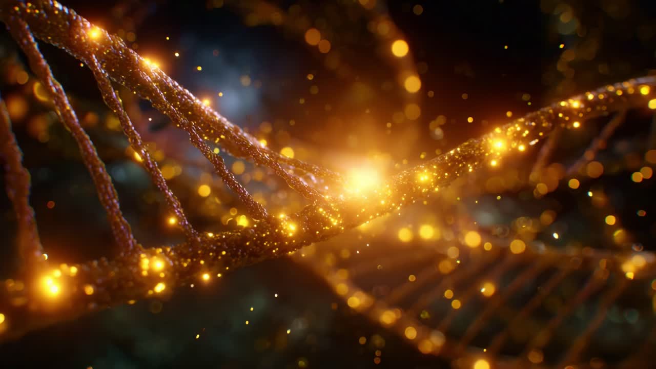 Affascinante elica del DNA cosmico illuminata da scintillanti particelle dorate, che cattura le complessità della vita e dell'universo in una straordinaria rappresentazione visiva
