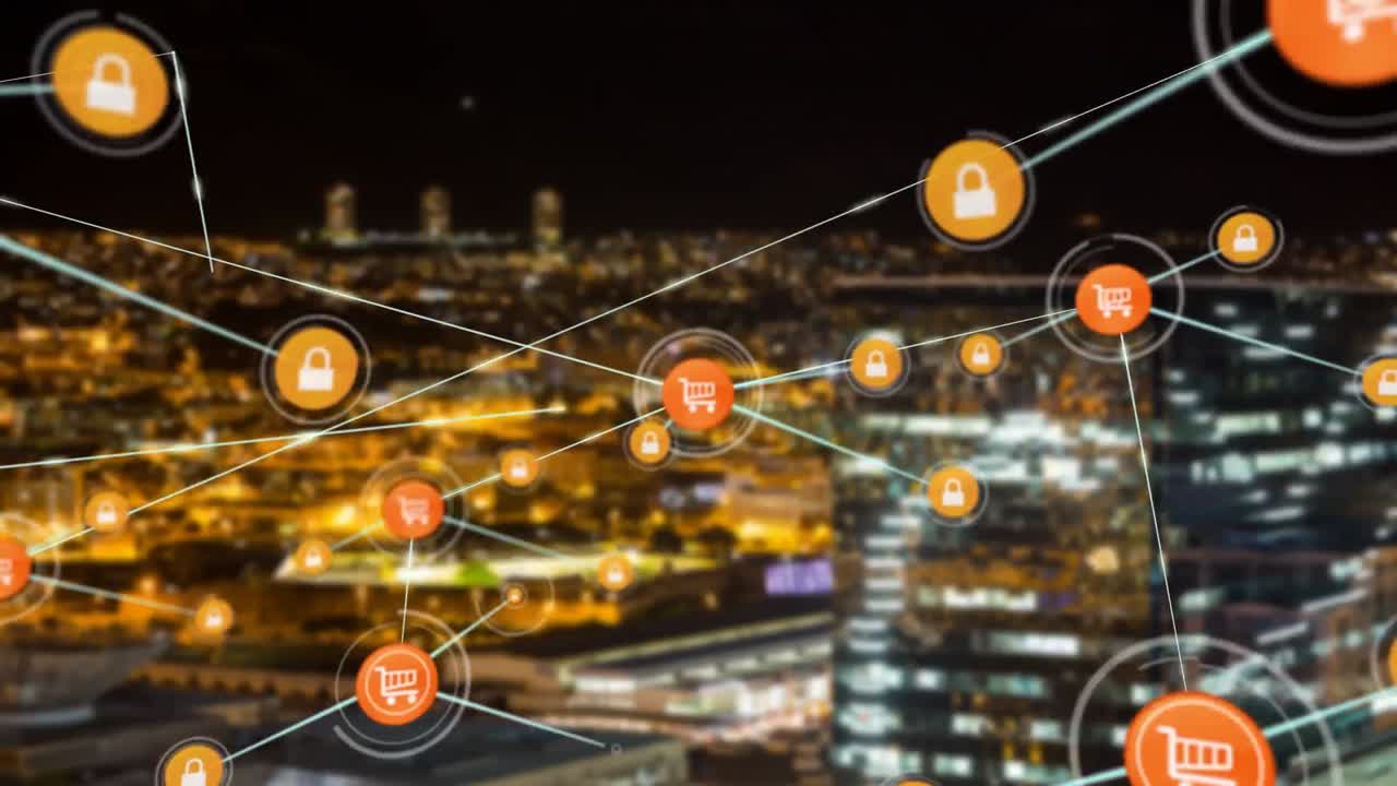 야간 도시 풍경에 대한 연결 네트워크의 애니메이션