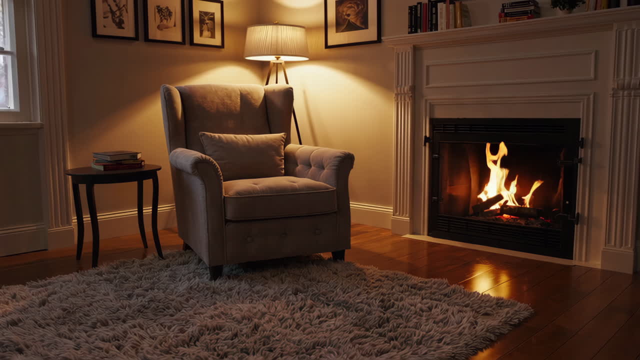 Cozy Living Room with Fireplace and Armchair