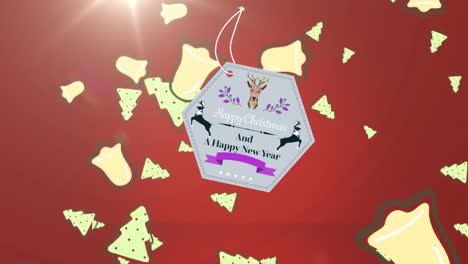 animación del texto de navidad sobre árboles y campanas de navidad que caen sobre un fondo rojo
