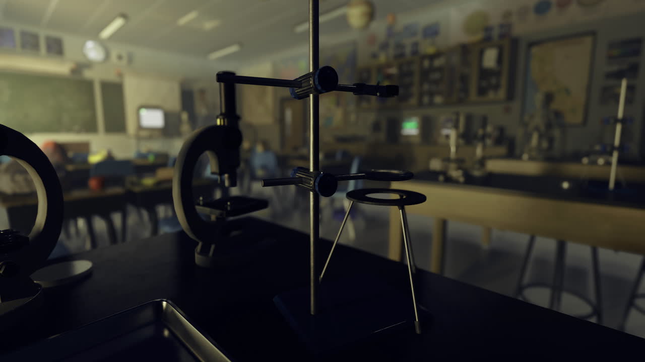 Microscope setup in a dimly lit classroom for science experiments