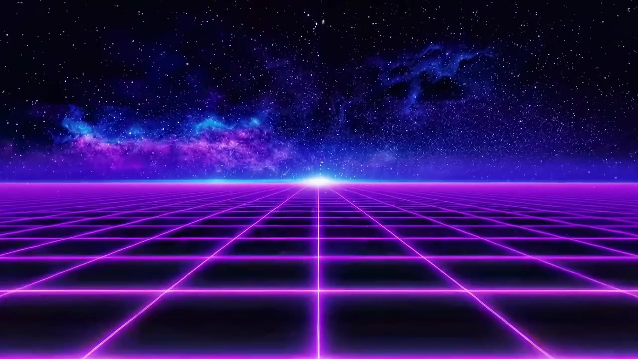 Paesaggio a griglia retro synthwave con sfondo di nebulosa luminosa